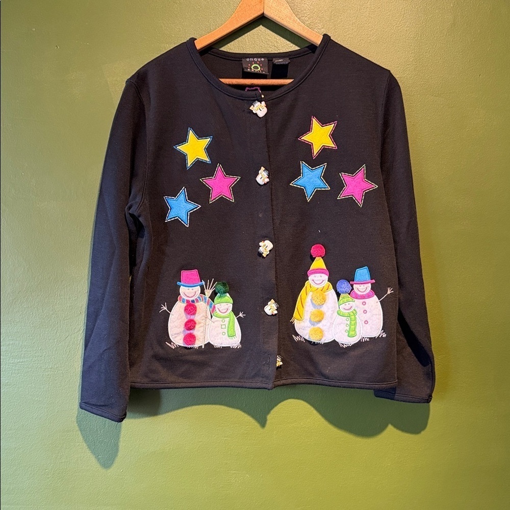 Vintage Women’s Petite Snowman and Stars Black Winter Christmas Cardigan